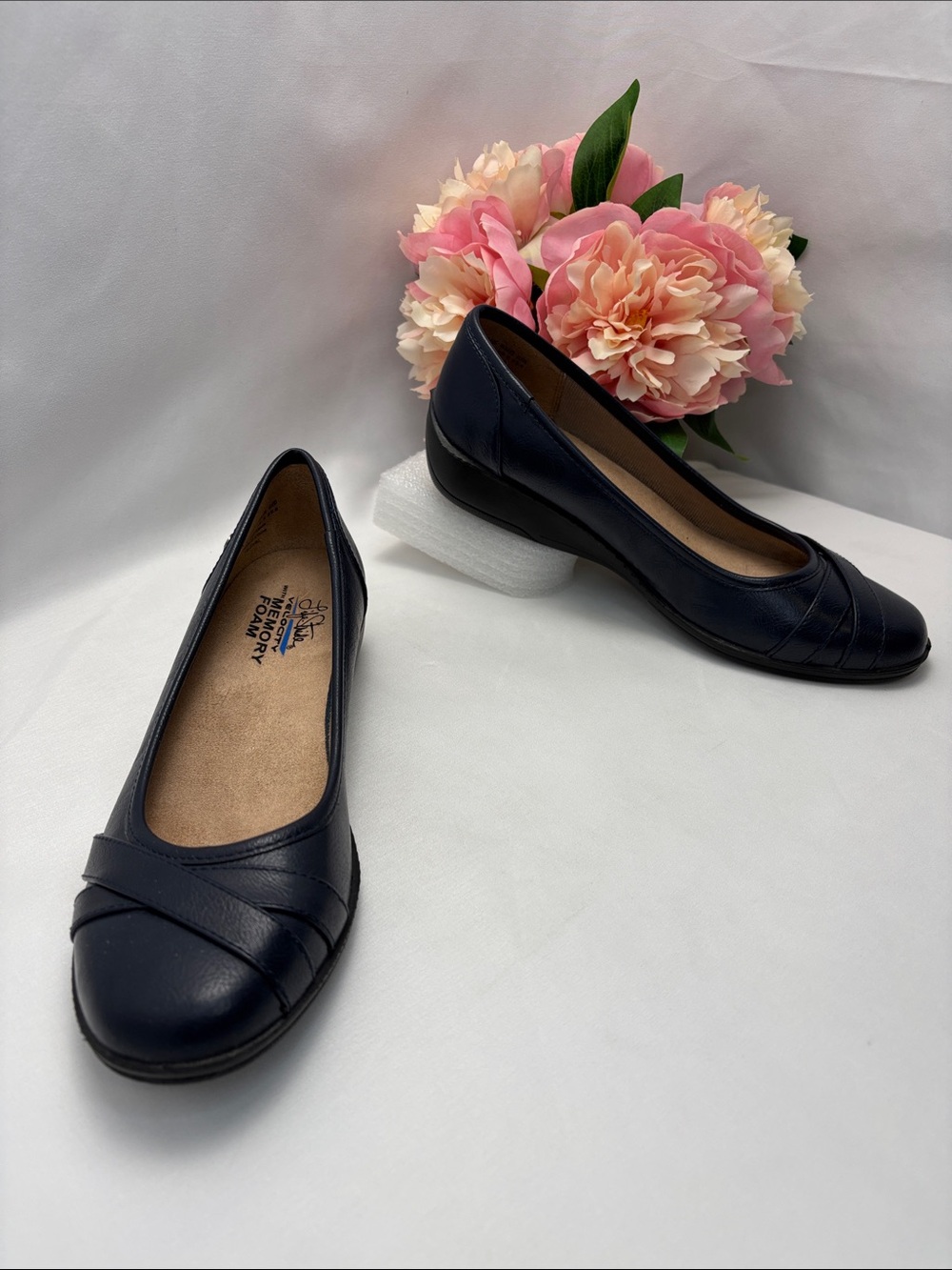 Life Stride Memory Foam Women 8.5‎ Navy Leather Slip-On Ballet Flats#410